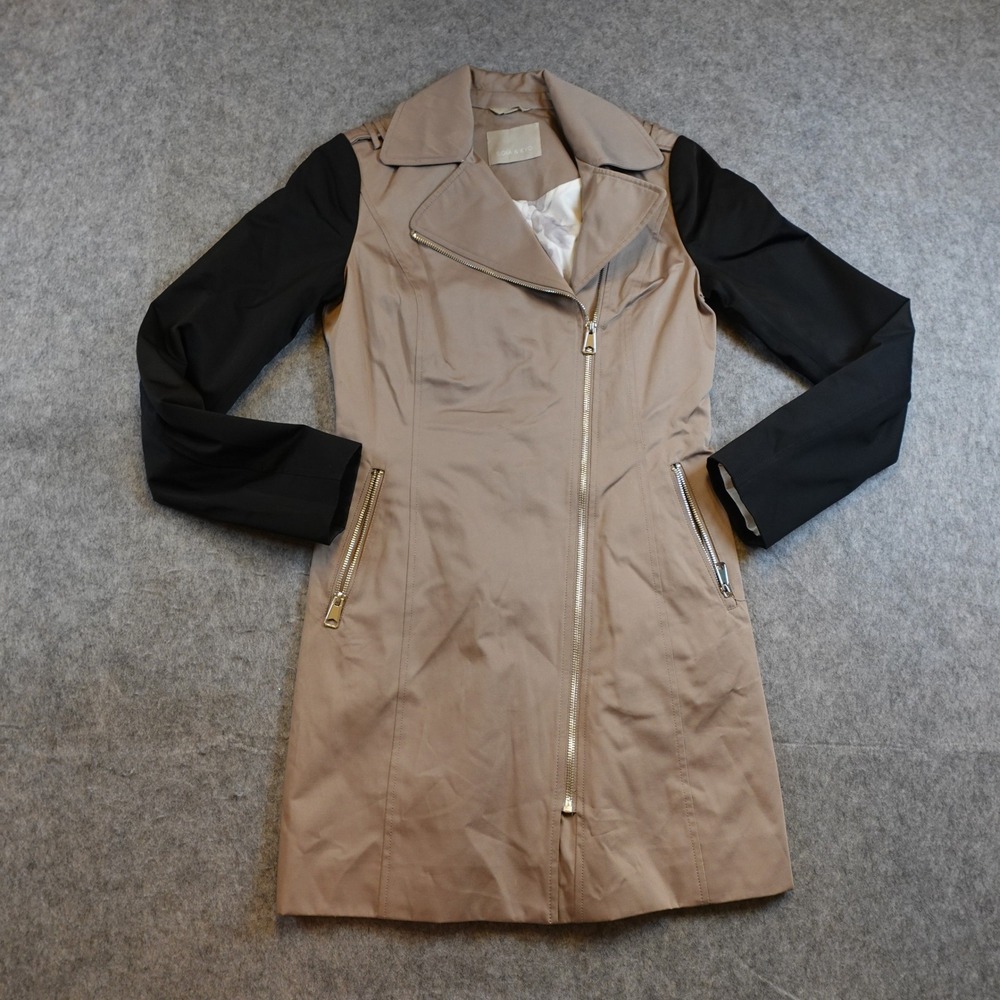 Soia and Kyo Women Extra Small Tan Black Moto Zip Colorblock Asymmetric Trench